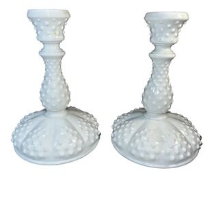 Pair of Fenton White Milk Glass HOBNAIL 7.5" Candleholders Vintage Original EVC